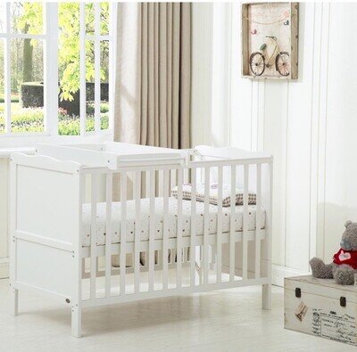 White Wooden Nursery Cotbed with Integrated Changing Unit & Drawers