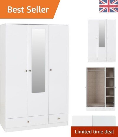 Denver 3 Door Wardrobe with Mirrored Doors White High Gloss Bedroom Storage