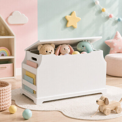 CLEARANCE NEW White Wooden Toy Box with Book Storage – Kids Toy Chest Storage