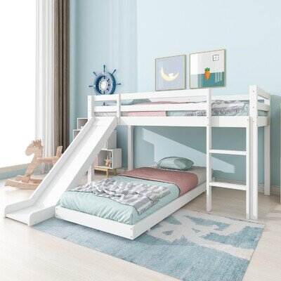 3ft Single Bunk Beds Pine Wood Kids Childrens Bed Frame High Sleeper with Slide
