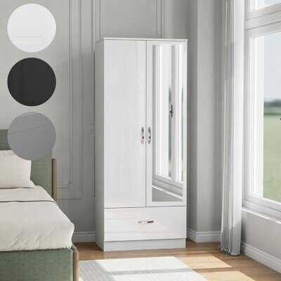 Wooden 2 Door Wardrobe with Mirror Drawer Wardrobe Bedroom Storage Furniture