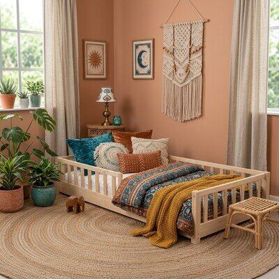 Wooden Montessori Toddler Bed 190x90 Floor Bed Frame Childrens 120cm Safety Rail