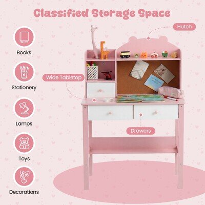 Wooden Children Study Table w/Storage Kids Desk and Chair Set Pink