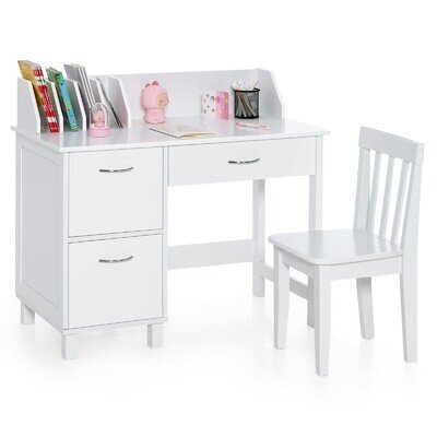 Kids Desk and Chair Set Wooden Children Study Table with Cabinets White