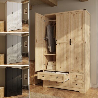 3 Door 4 Drawer Panelled Wardrobe Bedroom Storage Hanging Rail Shelves Oak Top