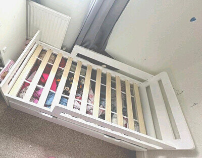 White Wooden Children’s Single Bed Frame with Side Rails, Storage