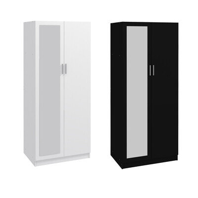 2 Doors Wardrobe 1 Storage Shelf with Hanging Rail Furniture with Mirror Bedroom
