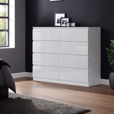 FWStyle Gloss White 8 Drawer Chest Of Drawers Deep Storage Bedroom Furniture