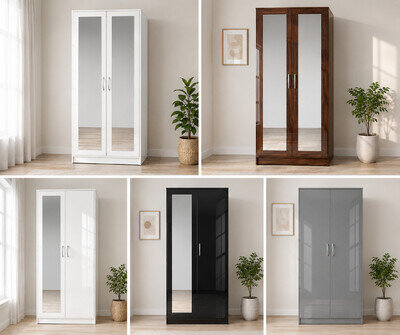 Modern Wooden Wardrobe 2 Door 2 Drawers Storage Hanging Rail Bedroom Furniture