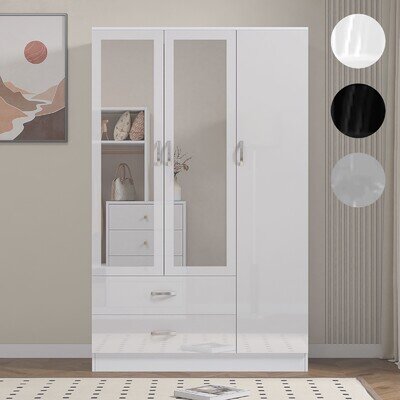 High Gloss Wooden 3 Door Wardrobe with Drawers and Mirror Bedroom Storage
