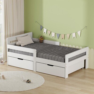 Pine Single Children Kids Toddler Junior Wooden Bed Frame White with 2 Drawers