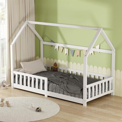Pine Children Kids Toddlers Bedroom Wooden House Bed Frame White