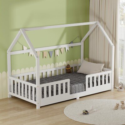 Pine Children Kids Toddlers Wooden House Bed Frame White