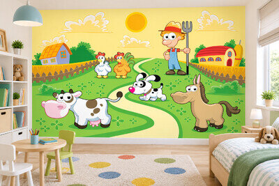 Kids bedroom Mural Wallpaper nursery decor farm animals green cartoon Wall Mural