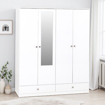 Denver 4 Door Mirrored 2 Drawer Wardrobe White Bedroom Furniture Storage Modern