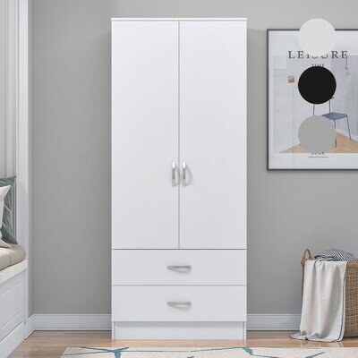 Wooden 2 Door Wardrobe with 2 Drawer Compact Wardrobe Bedroom Storage Furniture