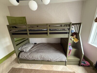 Children's Green Wooden Bunk Bed 3ft Single, Built-In Ladder & Storage Shelves