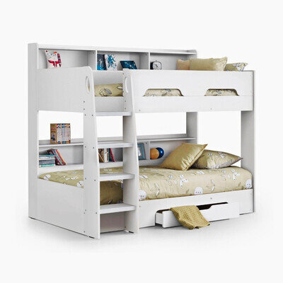White Wooden Children's Bunk Bed Single with Ladder, Shelves & 1 Drawer