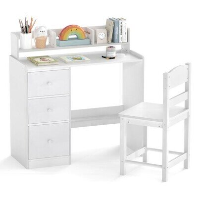 Kids Study Desk and Chair Set Wooden Children Writing Desk with Hutch 2676