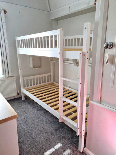 Children's White Wooden Bunk Bed Single with Ladder and Slats
