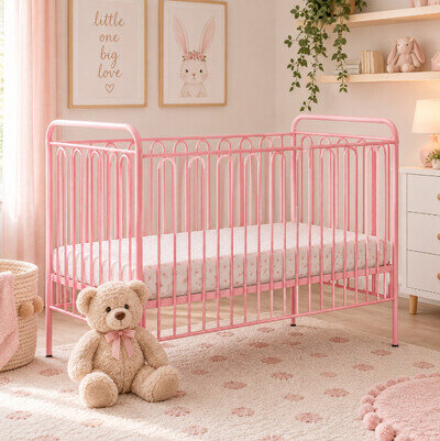 Polini Pink Metal Baby Cot Crib Bed Nursery Children Toddler 120 x 60cm