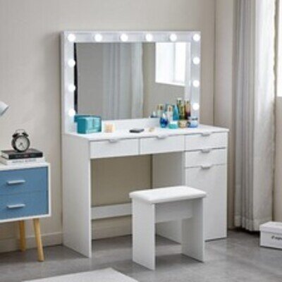 White Dressing Table with LED Lights Mirror Stool Drawers Vanity Makeup Desk Set