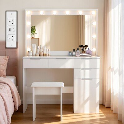 White Dressing Table with Bulb Lights Mirror Drawers Vanity Makeup Fnfymvoshvmdc