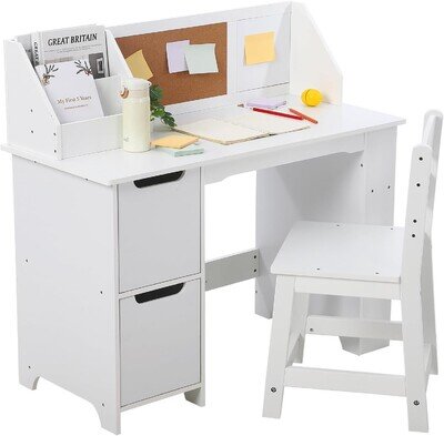 Kids Desk and Chair Set Wooden Children Study Table for Studying Reading Drawing
