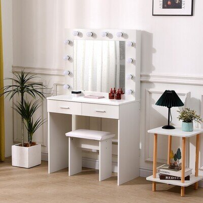 Dressing Table With 2 Drawers LED Mirror Set Makeup Desk Vanity Table Bedroom
