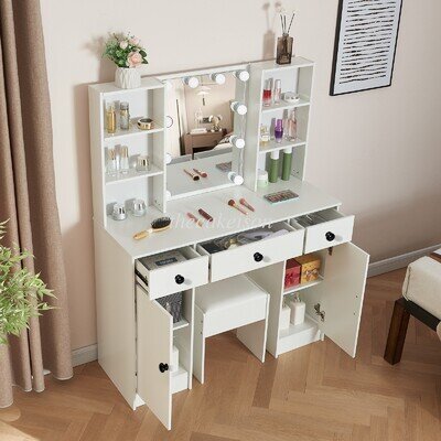 Dressing Table Vanity Makeup Desk With LED Lights Mirror Drawers And Stool White