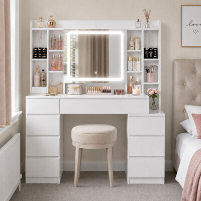Dressing Table White Vanity Desk LED Mirror 8 Drawers Storage Makeup Bedroom