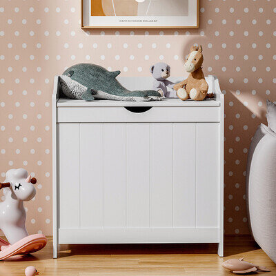 Large Toy Box Kid's Room Storage White Wooden Bedroom Chest Lid Baby Clothes Box