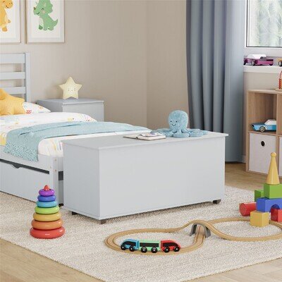 Toy Chest Box Large Wooden Storage Blanket Lid White Childrens Kids Tidy Bin