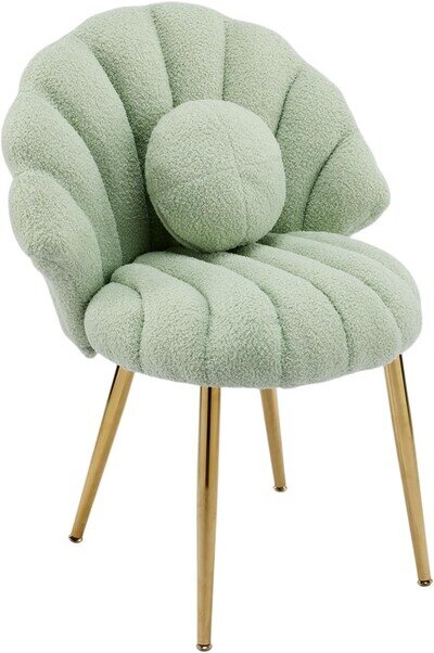 Shell-Shaped Vanity Chair, Small Armchair with Pearl Deco Pillow, Teddy Fleece