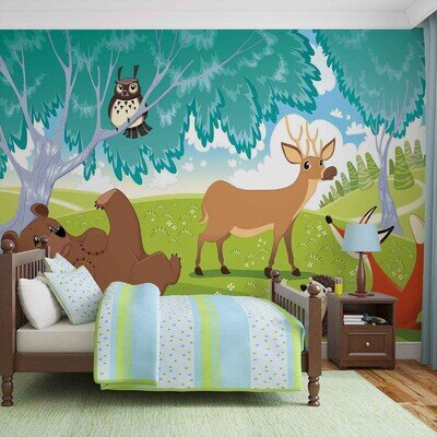 Unisex baby bedroom Wallpaper Wall Mural 368x254cm forest animals cartoon green