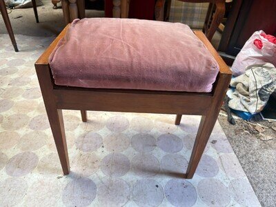 Dressing Table Vanity Stool Brown Wood with Pink Velvet Fabric Cushion Vintage
