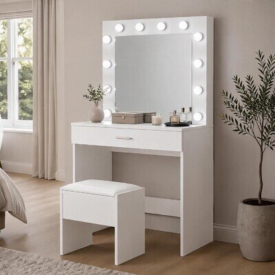 White Dressing Table with LED Lights Mirror and Stool Makeup Vanity Table Set