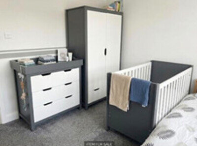 Grey & White Nursery Cotbed with Matching Wardrobe & Chest of Drawers/Changer