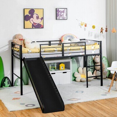 Kids Single Loft Bed Children Mid Sleeper Bunk Bed W/ Slide & Safety Guardrails
