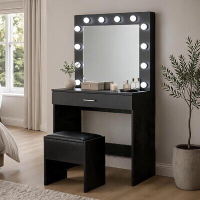 Black Dressing Table with LED Lights Mirror and Stool Makeup Vanity Table Set