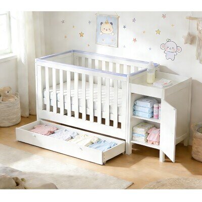 White Baby Cot Teething Rails Compact Crib Drawer Cot Bed Diaper Storage Cabinet