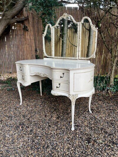 Vintage French Louis XV style cream ornate tri mirror bedroom dressing drawers