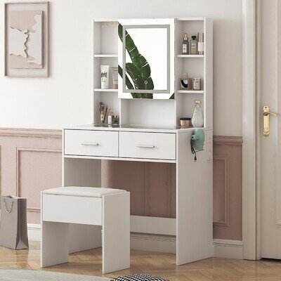 Bedroom Dressing Table Stool W/ Drawers Shelves Mirror Makeup Desk Vanity Table