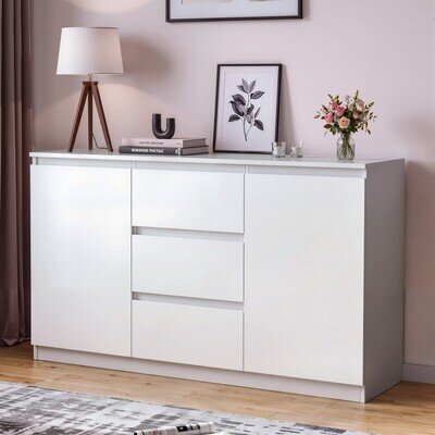 Wide Wooden Chest of 3 Drawers & 2 Door Storage Bedside Modern Cabinet White
