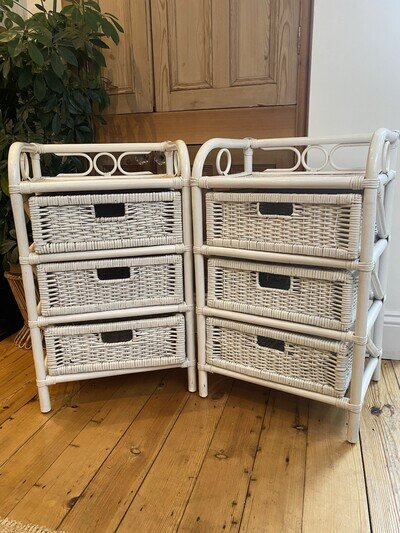 Pair Rattan Bamboo Drawers Cabinet Storage Bedside White Table Vintage Boho