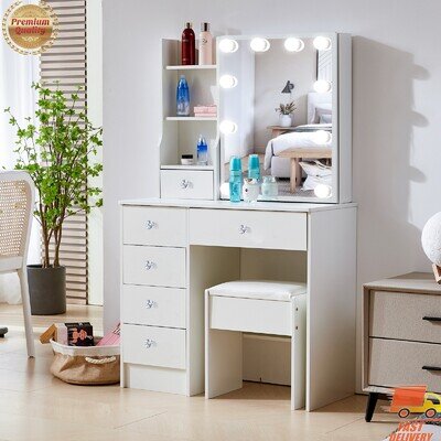 Dressing Table with Mirror and Stool, Bedroom Vanity Makeup Desk with 5 Drawers