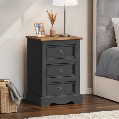 Corona Bedside Cabinet Charcoal Grey 3 Drawer Medium Table Solid Pine Wooden