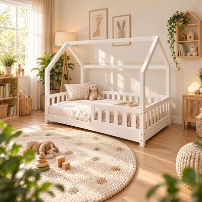 Kids House Bed Frame Solid Pine Wood Single Children's Bed 90x190cm