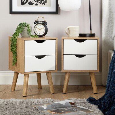 Pair Of Bedside Cabinets Oak White 2 Drawer Bedroom Side Table Wooden Legs