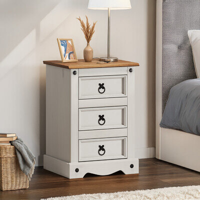 Corona Bedside Cabinet White 3 Drawer Medium Table Solid Wood Mexican Pine